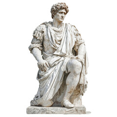 A marble sculpture depicting a seated Roman emperor in regal attire with intricate detailing and a contemplative expression against a stark white backdrop is presented.