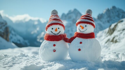 Obraz premium Charming snowmen with hats and scarves in a wintry mountain landscape under bright blue sky