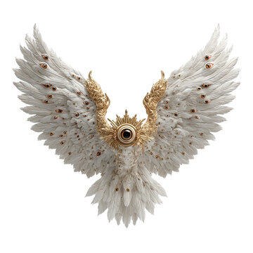 An ethereal white seraphim creature unfolds its magnificent wings adorned with many watchful eyes, emanating a powerful and otherworldly presence of divine grace.