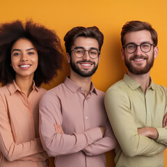men and women corporate employee standing confidently