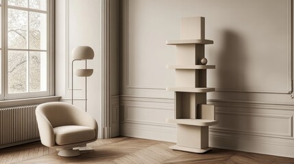 Fototapeta premium Beige modern shelving unit in a stylish room.