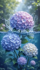 Hydrangeas in water with splashes creating a serene and beautiful floral arrangement in nature scene