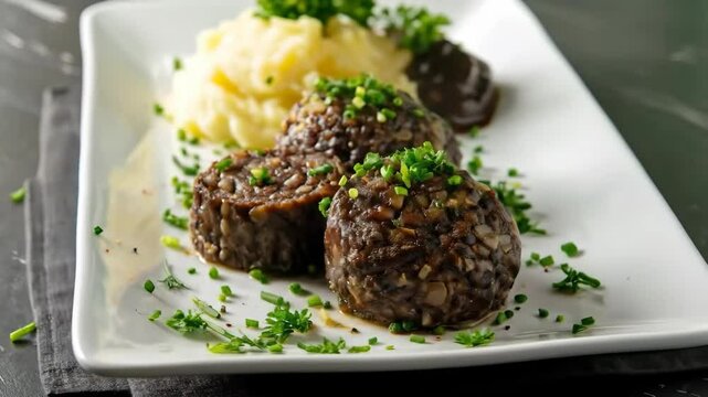 Scottish haggis, served on a white platter with neeps turnips and tatties (potatoes). A traditional and hearty dish from Scotland