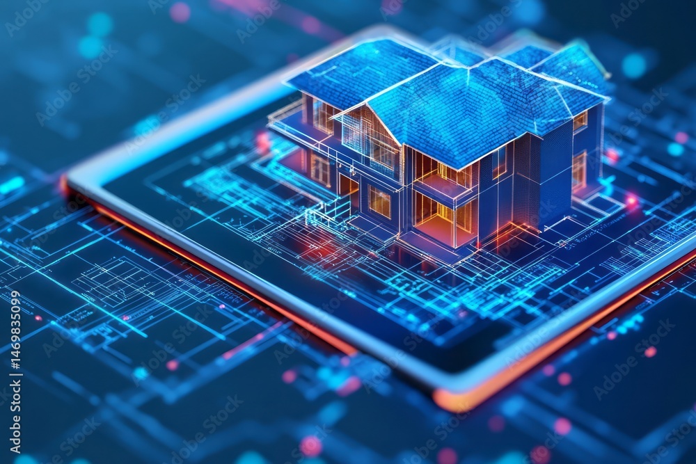 Poster digital architectural design of a residence displayed on a tablet.