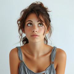 A beautiful young woman with brown hair and green eyes looks up with a thoughtful expression.