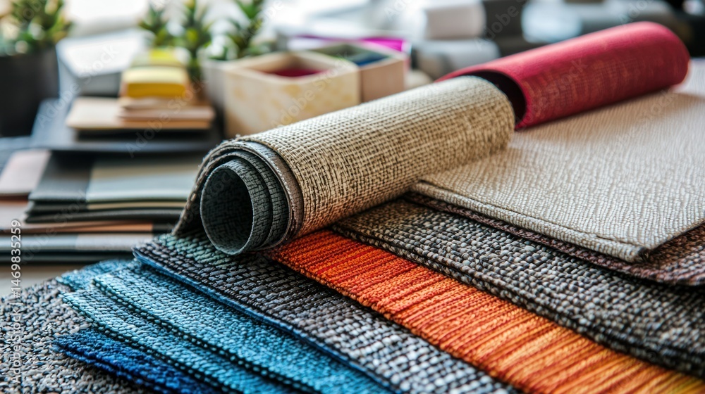 Poster a colorful array of fabric samples, including a roll of fabric and a stack of fabric swatches, displ