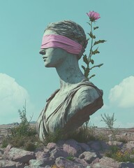 Obraz premium Gray Stone Bust with Pink Blindfold and Flower in Pixel Art Style