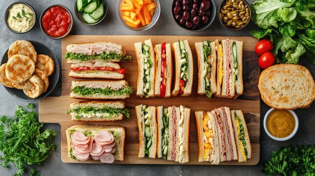 Assorted Gourmet Sandwiches on Wooden Board with Fresh Vegetables and Dips