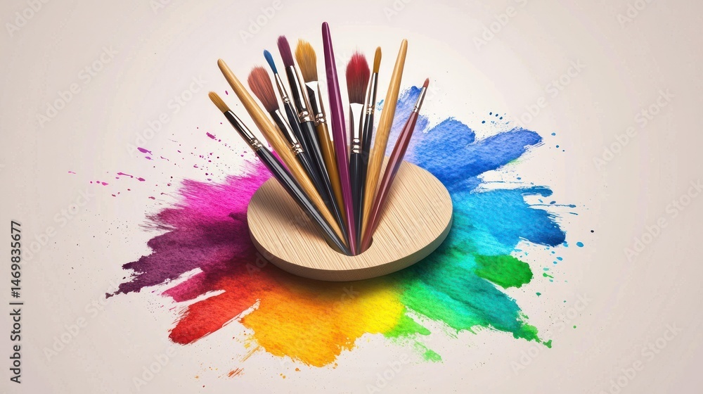 Poster a colorful array of paintbrushes arranged on a wooden palette with a vibrant rainbow-colored splash 