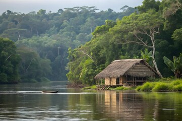 Fototapeta premium the river in the jungle with a hut