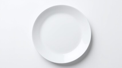Glossy white plate cleanly isolated on white, Overhead view of round ceramic crockery, Studio-lit minimal design for homeware, Smooth modern dish for dining and decor projects
