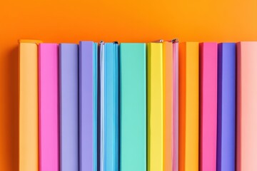 A panoramic composition featuring colorful file folders in pastel and vibrant hues, set against an orange background.