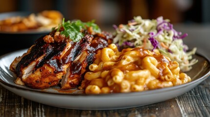 Barbecued Chicken with Mac and Cheese and Coleslaw on a Rustic Plate
