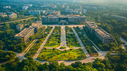 High angle view of university campus with lush greenery and modern architecture