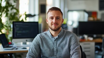 Fototapeta premium A young man with a beard, wearing a gray shirt, sitting at a desk in an office with a computer monitor and a plant in the background.