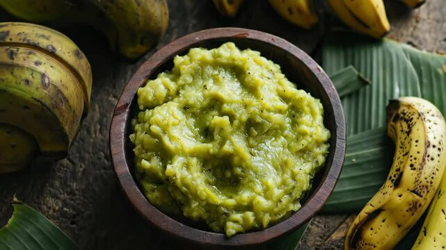 Ugandan matoke, cooked and mashed green bananas, served in a traditional bowl. A traditional and flavorful dish from Uganda