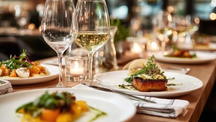 Elegant Dinner Table Setting with Fine Dining Dishes and Glasses of White Wine for a Memorable Dining Experience