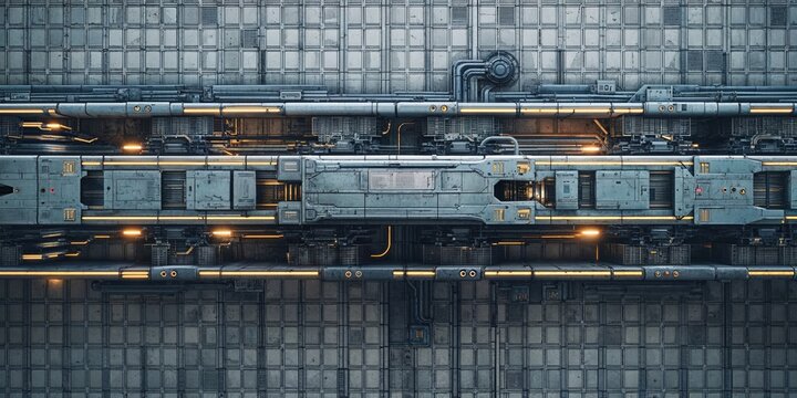 Detailed Horizontal Sci-Fi Wall Structure with Central Mechanical Element and Subtle Glowing Accents on Metal Panels