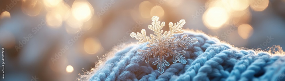 Poster Close Up of a Delicate Snowflake on a Blue Knitted Surface with Golden Bokeh Background