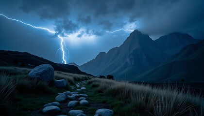 Lightning strikes over mountains with a rocky path and grassy field in the foreground view