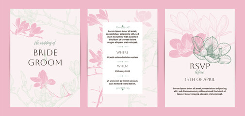 Wedding invitation card background vector. Elegant botanical magnolia flower decorate with pink line art texture template background. Design illustration for wedding and vip cover template, banner.