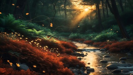 Stream Flows Through Forest at Sunset with Golden Light Filtering Through