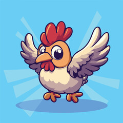 Cartoon Chicken With Outstretched Wings Standing Proudly On A Blue Radial Background