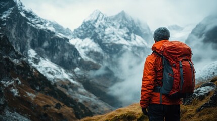 Majestic Mountain Landscape with Hiker in Bright Red Jacket Amidst Snow-Capped Peaks and Dramatic Clouds