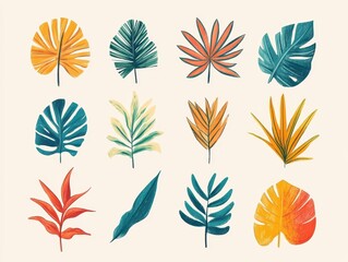 Collection of Colorful Tropical Leaves Illustration