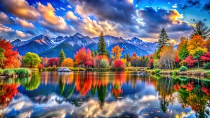 Nature photography in a mountain forest with reflections on the water