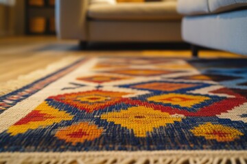 Fototapeta premium Close-up of a colorful patterned rug, showcasing intricate details and vibrant hues.
