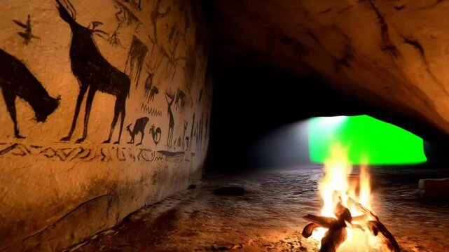 Green screen doorway inside prehistoric cave with firelight and cave paintings