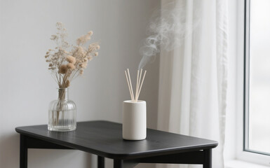 A minimalist cylindrical aroma diffuser made of matte ivory ceramic, releasing a thin stream of vapor into the air. It is placed on a smooth black wooden table, next to a clear glass vase filled with 