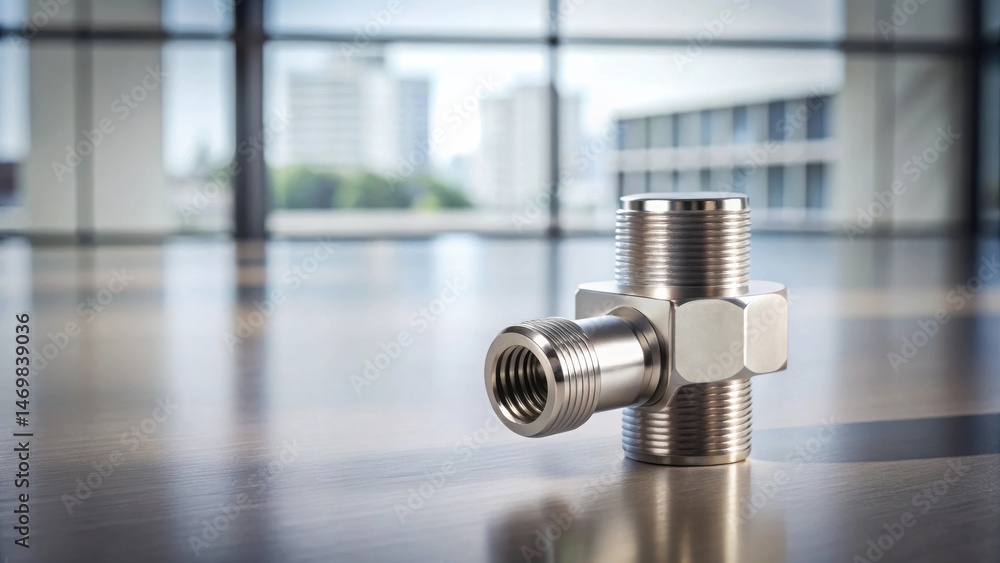 Poster precision-engineered metallic connector component displayed on a sleek surface against a blurred mod