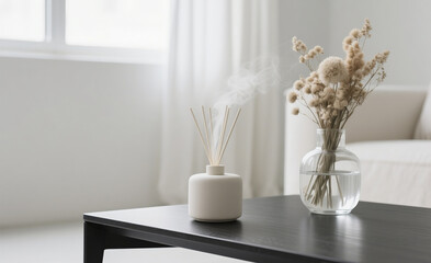 A minimalist cylindrical aroma diffuser made of matte ivory ceramic, releasing a thin stream of vapor into the air. It is placed on a smooth black wooden table, next to a clear glass vase filled with 