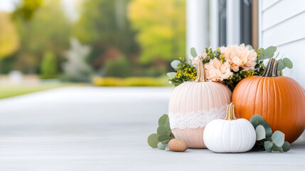 Elegant autumn pumpkin centerpiece with painted pumpkins and flowers for seasonal decor