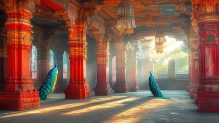 Ancient Temple Hall, Peacocks