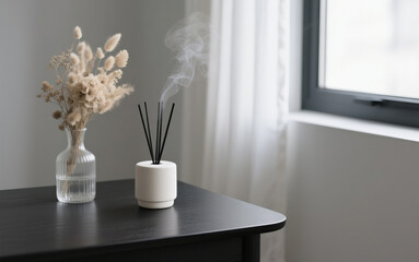 A minimalist cylindrical aroma diffuser made of matte ivory ceramic, releasing a thin stream of vapor into the air. It is placed on a smooth black wooden table, next to a clear glass vase filled with 