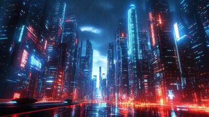 Futuristic City at Night with Neon Lights and Rain