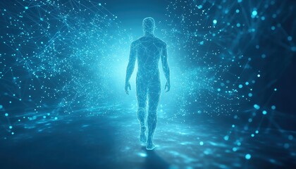 Glowing Human Figure Walking Through a Blue Digital Space