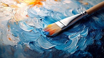 Fototapeta premium The brush's gentle movement across the canvas releases a kaleidoscope of colors, filling the palette and crafting vibrant abstract expressions in a thriving studio
