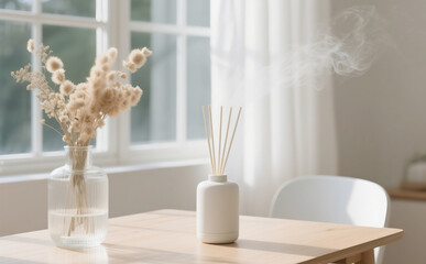 A minimalist cylindrical aroma diffuser made of matte ivory ceramic, releasing a thin stream of vapor into the air. It is placed on a smooth black wooden table, next to a clear glass vase filled with 
