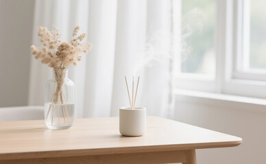 A minimalist cylindrical aroma diffuser made of matte ivory ceramic, releasing a thin stream of vapor into the air. It is placed on a smooth black wooden table, next to a clear glass vase filled with 