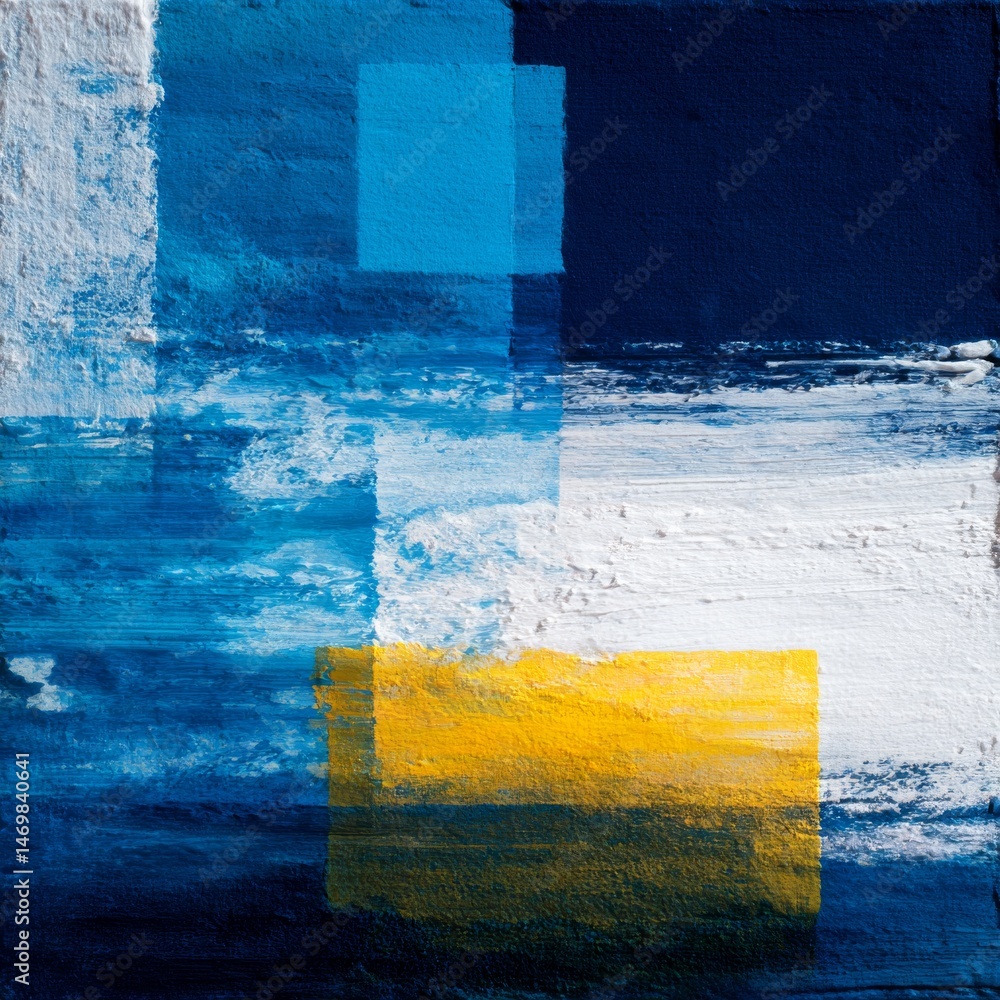 Poster artistic abstraction: a textured composition of blue, yellow, and white hues with geometric elements