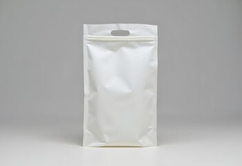 A white stand up pouch with a zipper and a handle on a white surface against a gray background