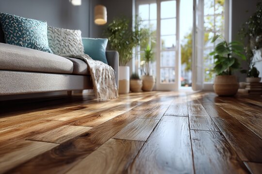 Close-up of realistic 3D-rendered wooden parquet floor in living room with natural sunlight