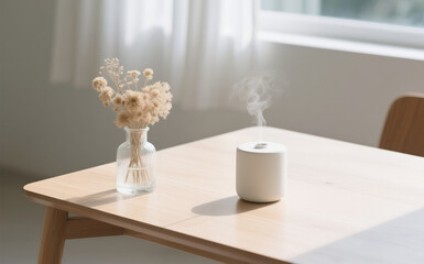 A minimalist cylindrical aroma diffuser made of matte ivory ceramic, releasing a thin stream of vapor into the air. It is placed on a smooth black wooden table, next to a clear glass vase filled with 