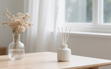 A minimalist cylindrical aroma diffuser made of matte ivory ceramic, releasing a thin stream of vapor into the air. It is placed on a smooth black wooden table, next to a clear glass vase filled with 