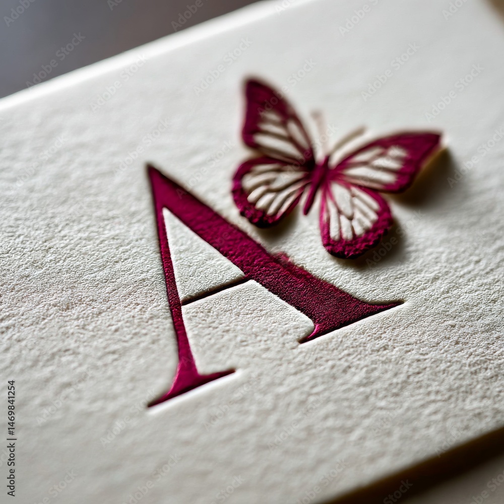 Poster elegant initial a with butterfly accent on textured paper, macro view