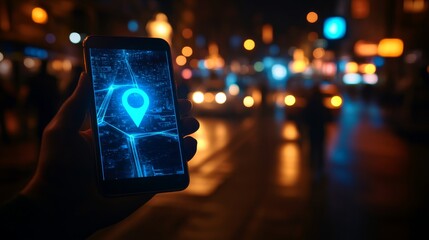 A hand is shown grasping a mobile phone that displays a location marker, set against a backdrop of glowing city lights and pedestrians walking down the street, in an image